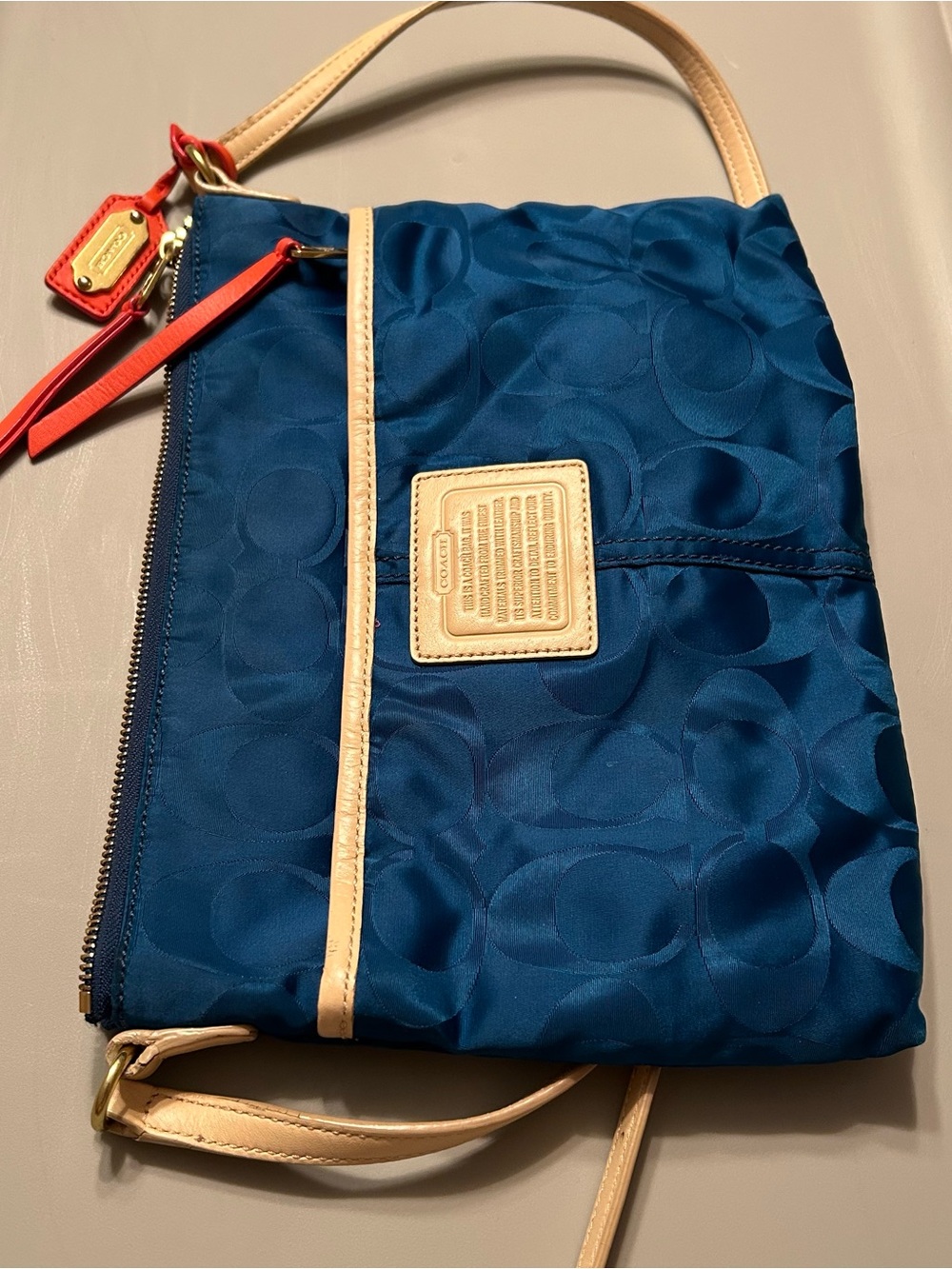 Coach Blue Nylon Crossbody with Cream Trim and Coral Accent